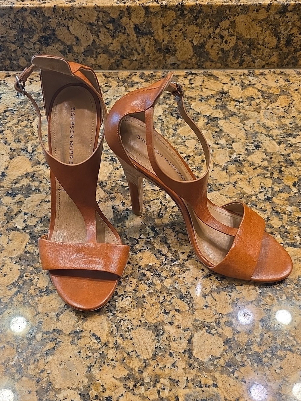 Sigerson Morrison Tan Leather T-Strap Stiletto Sandals